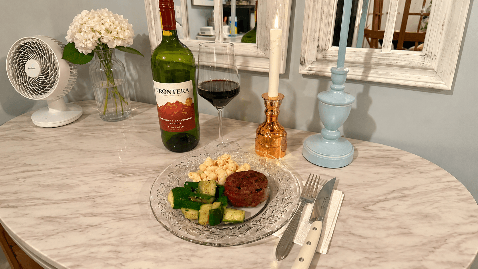 White cheddar pasta shells, zucchini, and bacon-wrapped filet dinner